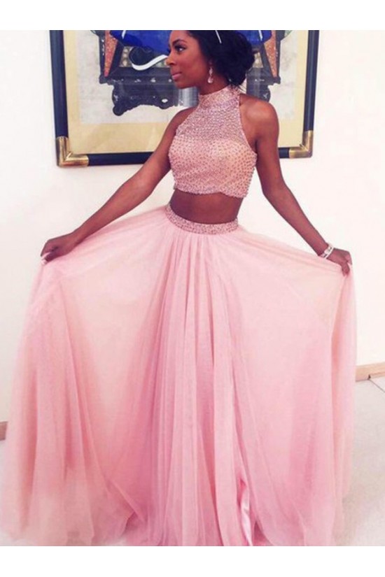 Two Pieces Beaded High Neck Long Pink Prom Evening Formal Dresses 3020010