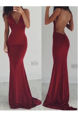 Trumpet/Mermaid Spaghetti Straps Long Red Backless Prom Evening Formal Dresses 3020012