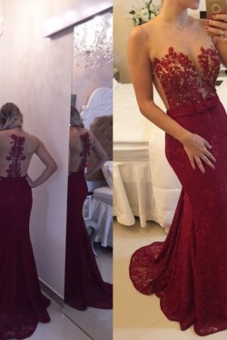 Trumpet/Mermaid Lace Long Red See Through Prom Evening Formal Dresses 3020013