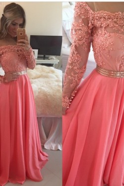 A-Line Off-the-Shoulder Long Sleeves Lace Chiffon Prom Evening Formal Dresses 3020015