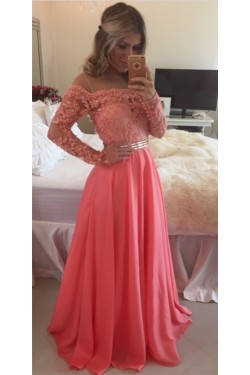 A-Line Off-the-Shoulder Long Sleeves Lace Chiffon Prom Evening Formal Dresses 3020015