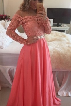 A-Line Off-the-Shoulder Long Sleeves Lace Chiffon Prom Evening Formal Dresses 3020015