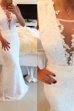 Sexy Trumpet/Mermaid Lace Long White See Through Prom Evening Formal Dresses 3020016