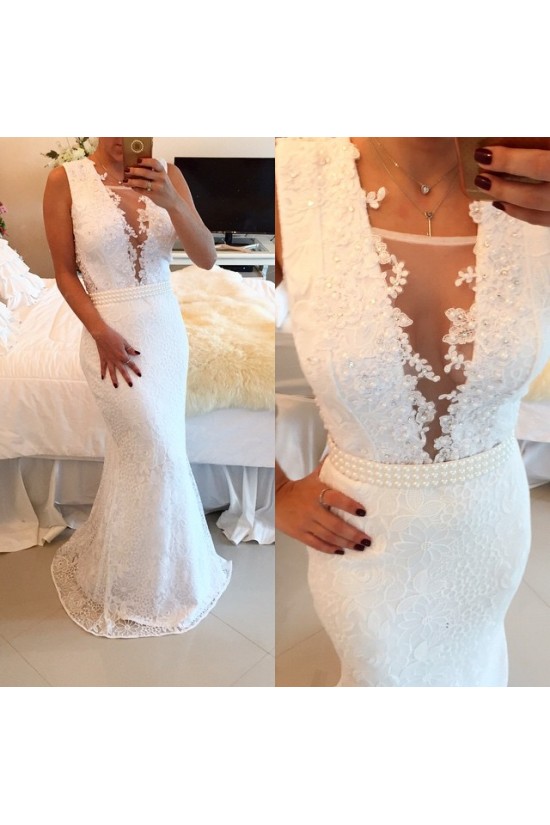 Sexy Trumpet/Mermaid Lace Long White See Through Prom Evening Formal Dresses 3020016 Sexy Trumpet/Mermaid Lace Long White See Through Prom Evening Formal Dresses 3020016
