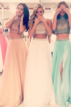 Two Pieces Beaded High Neck Long Prom Evening Formal Dresses 3020018