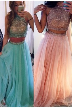 Two Pieces Beaded High Neck Long Prom Evening Formal Dresses 3020018