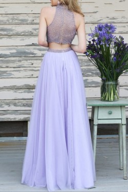 Two Pieces Beaded High Neck Long Prom Evening Formal Dresses 3020019