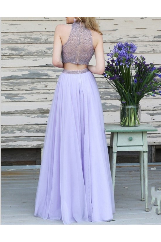 Two Pieces Beaded High Neck Long Prom Evening Formal Dresses 3020019