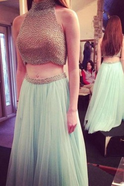Two Pieces Beaded High Neck Long Prom Evening Formal Dresses 3020019