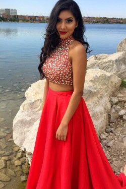 Red Two Pieces Beaded High Neck Long Prom Evening Formal Dresses 3020020