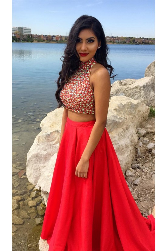 Red Two Pieces Beaded High Neck Long Prom Evening Formal Dresses 3020020