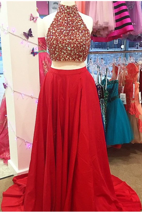 Red Two Pieces Beaded High Neck Long Prom Evening Formal Dresses 3020020