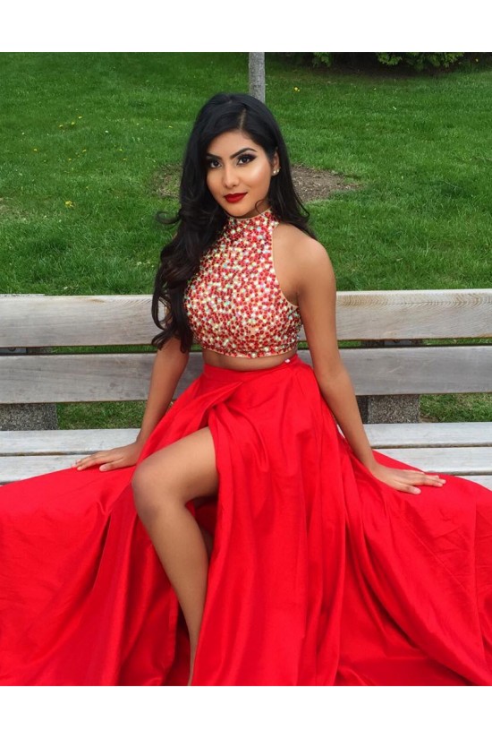 Red Two Pieces Beaded High Neck Long Prom Evening Formal Dresses 3020020