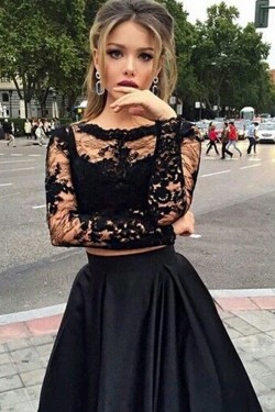 Two Pieces Long Sleeves Black Lace Prom Evening Formal Dresses 3020024