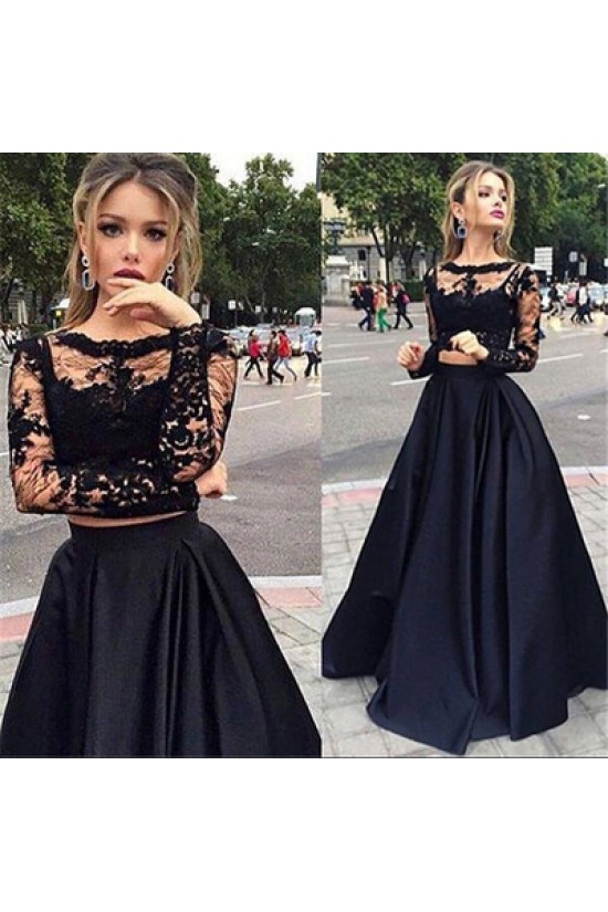 Two Pieces Long Sleeves Black Lace Prom Evening Formal Dresses 3020024