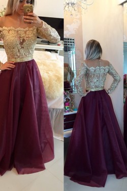 A-Line Off-the-Shoulder Long Sleeves Gold Lace Prom Evening Formal Dresses 3020025