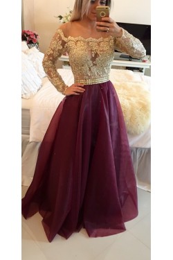 A-Line Off-the-Shoulder Long Sleeves Gold Lace Prom Evening Formal Dresses 3020025