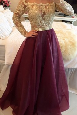 A-Line Off-the-Shoulder Long Sleeves Gold Lace Prom Evening Formal Dresses 3020025