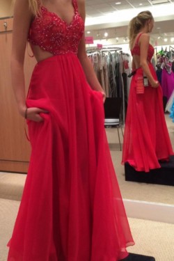 A-Line Long Red Chiffon Lace Prom Evening Formal Dresses 3020027