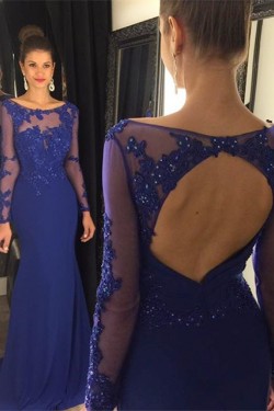 Mermaid Long Sleeves Blue Keyhole Back Lace Prom Evening Formal Dresses 3020037