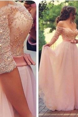 A-Line Off-the-Shoulder Half Sleeves Long Pink Lace Chiffon Prom Evening Formal Dresses 3020038