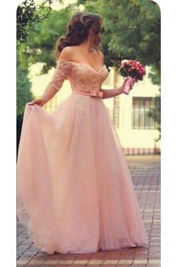 A-Line Off-the-Shoulder Half Sleeves Long Pink Lace Chiffon Prom Evening Formal Dresses 3020038