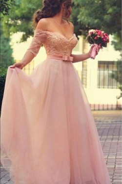 A-Line Off-the-Shoulder Half Sleeves Long Pink Lace Chiffon Prom Evening Formal Dresses 3020038