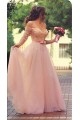 A-Line Off-the-Shoulder Half Sleeves Long Pink Lace Chiffon Prom Evening Formal Dresses 3020038
