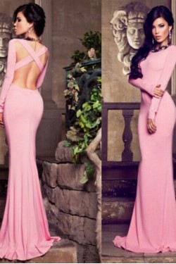 Trumpet/Mermaid Long Sleeves Pink Prom Evening Formal Dresses 3020042