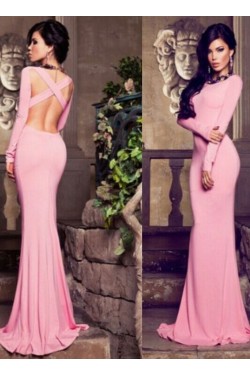 Trumpet/Mermaid Long Sleeves Pink Prom Evening Formal Dresses 3020042