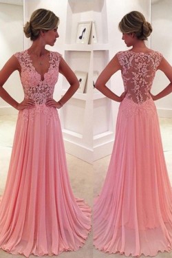 A-Line V-Neck Chiffon Lace Long Pink Prom Evening Formal Dresses 3020047