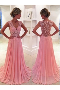 A-Line V-Neck Chiffon Lace Long Pink Prom Evening Formal Dresses 3020047