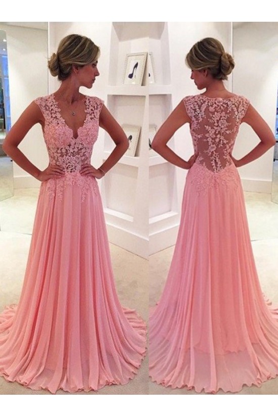 A-Line V-Neck Chiffon Lace Long Pink Prom Evening Formal Dresses 3020047