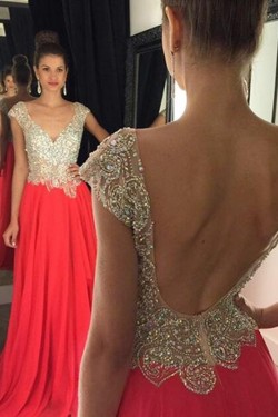 Long Beaded Chiffon Backless Prom Evening Formal Dresses 3020048