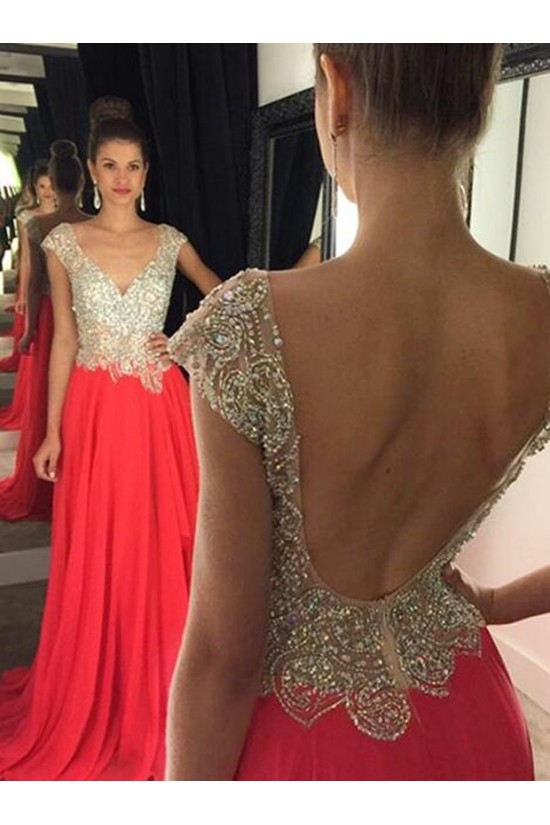 Long Beaded Chiffon Backless Prom Evening Formal Dresses 3020048