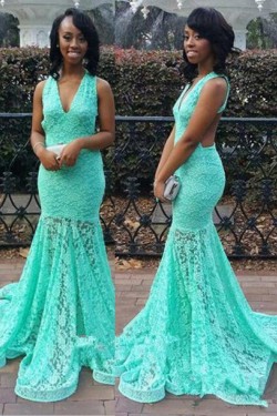 Trumpet/Mermaid V-Neck Lace Long Prom Evening Formal Dresses 3020052