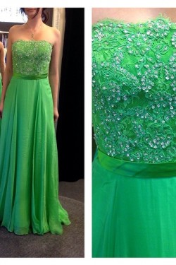 A-Line Strapless Beaded Lace Chiffon Long Green Prom Evening Formal Dresses 3020055