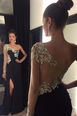 Sheath Beaded One-Sleeve Long Black Prom Evening Formal Dresses 3020056