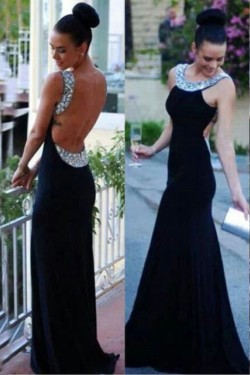 Long Black Backless Beaded Prom Evening Formal Dresses 3020057