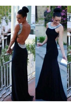 Long Black Backless Beaded Prom Evening Formal Dresses 3020057