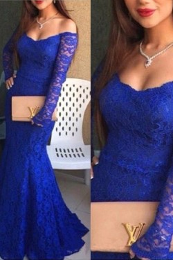 Trumpet/Mermaid Off-the-Shoulder Lace Long Blue Prom Evening Formal Dresses 3020058