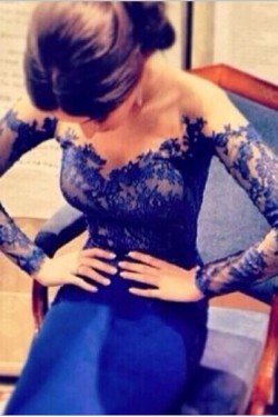 Trumpet/Mermaid Lace Long Blue Prom Evening Formal Dresses 3020059