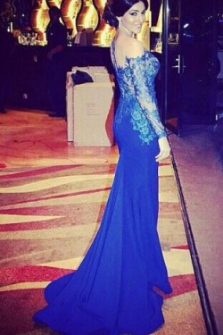 Trumpet/Mermaid Lace Long Blue Prom Evening Formal Dresses 3020059