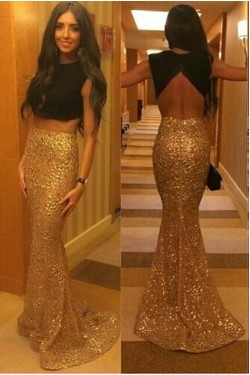 Trumpet/Mermaid Two Pieces Lace Long Black Gold Prom Evening Formal Dresses 3020060