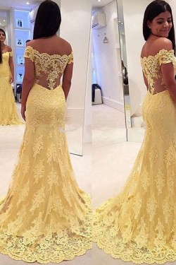 Off-the-Shoulder Lace Long Yellow Prom Evening Formal Dresses 3020061
