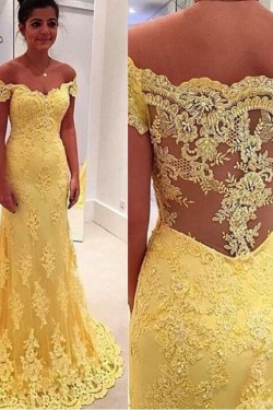 Off-the-Shoulder Lace Long Yellow Prom Evening Formal Dresses 3020061