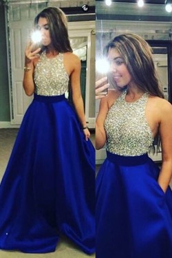 A-Line Halter Sequins Blue Satin Long Prom Evening Formal Dresses 3020062