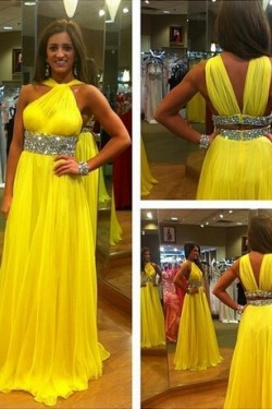 Long Yellow Beaded Chiffon Prom Evening Formal Dresses 3020063