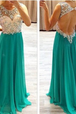 Beaded Green Chiffon Keyhole Back Long Prom Evening Formal Dresses 3020069