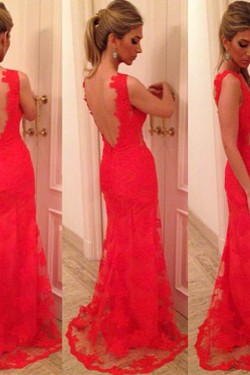 Long Red Lace Low V-Back Prom Evening Formal Dresses 3020070